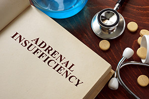 Adrenal insufficiency written on book with tablets. Medicine concept.